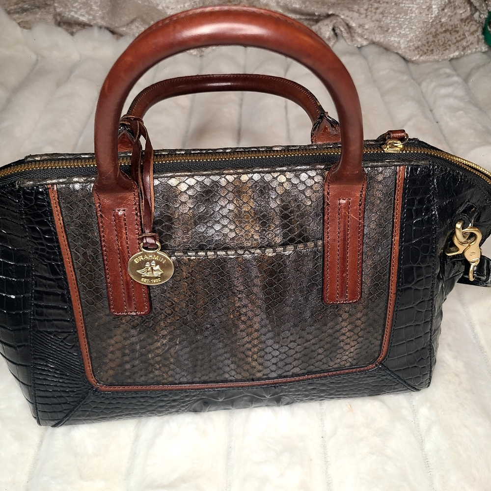Brahmin Black and Brown Textured Satchel